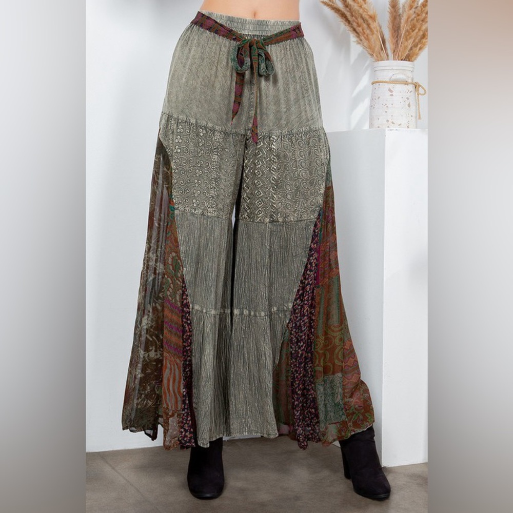Artisan Patchwork Wide-Leg Pants in Green and Brown NWOT!